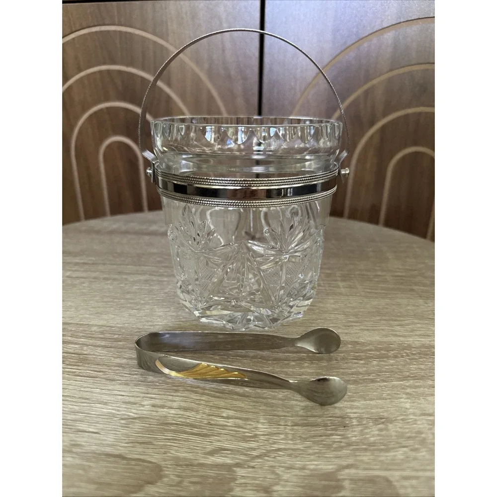 Vintage Heavy Crystal Ice Bucket With Chrome Tongs And Handle